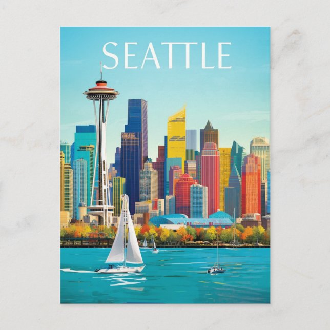 Seattle Waterfront & Space Needro Retro Art Postkarte (Vorderseite)