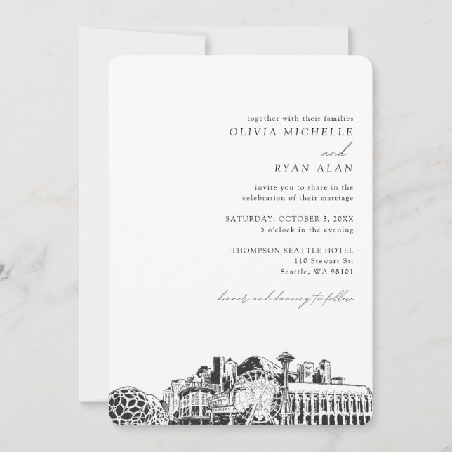 Seattle Wedding Elegante Skyline Einladung (Vorderseite)