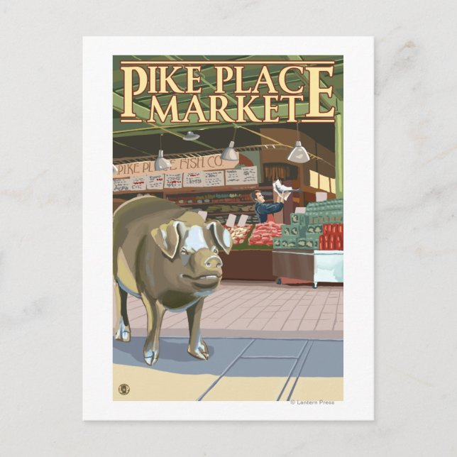 SeattleFish Toss and Bronze Pig am Pike Place Postkarte (Vorderseite)