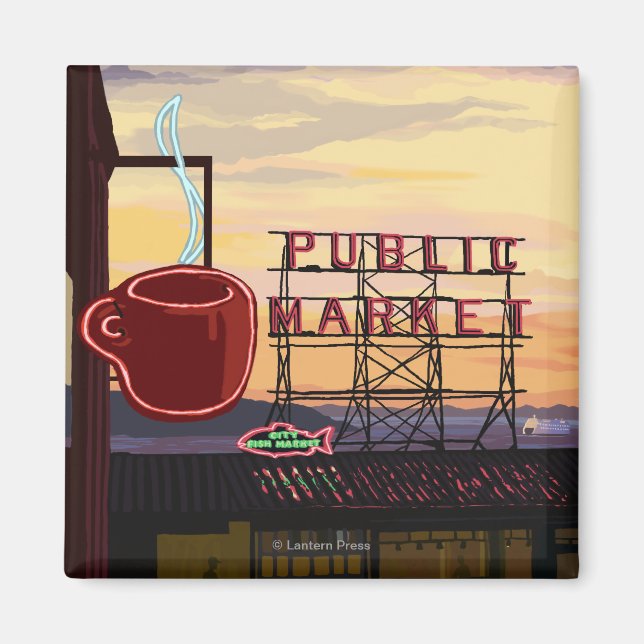 SeattlePike Place Market - Zeichen und Wasser Magnet (Vorne)