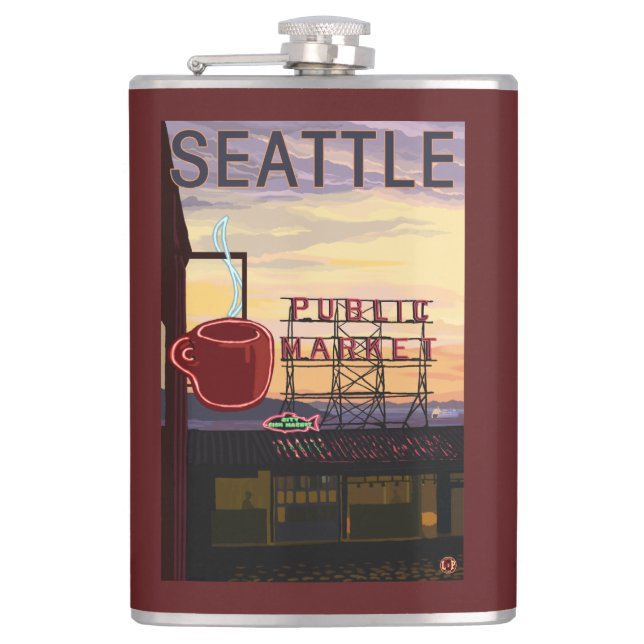 SeattlePike Platz-Markt-Zeichen und Wasser-Ansicht Flachmann (Vorderseite)