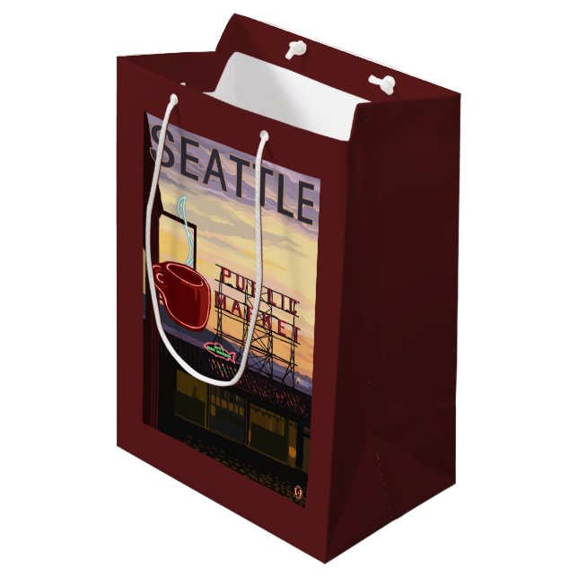SeattlePike Platz-Markt-Zeichen und Wasser-Ansicht Mittlere Geschenktüte (Vorderseite Schrägansicht)