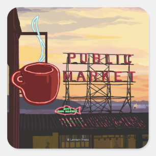 SeattlePike Platz-Markt-Zeichen und Wasser-Ansicht Quadratischer Aufkleber