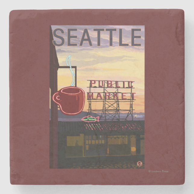 SeattlePike Platz-Markt-Zeichen und Wasser-Ansicht Steinuntersetzer (Vorderseite)