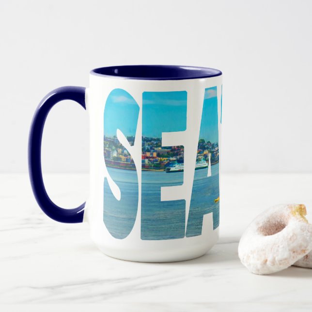 Seattleskyline-Typografie-moderner Foto-Kaffee Tasse (Mit Donut)