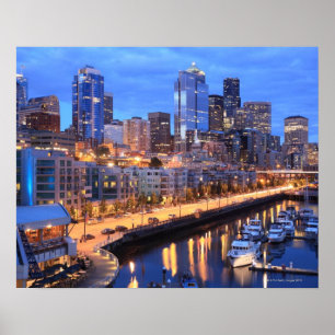 Seattleskyline und Hafen, Washington-Staat Poster