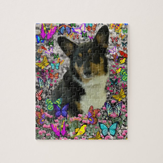 Sebastian der WaliserCorgi in den Schmetterlingen (Vertikal)