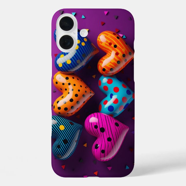 Sechs 3D-Herzen auf lila Hintergrund iPhone 16 Plus Hülle (Rückseite)