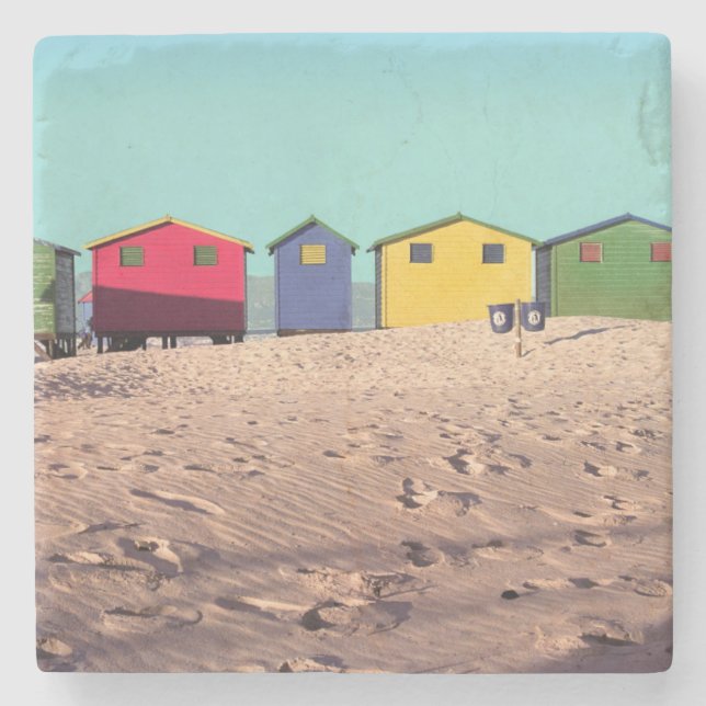 Sechs bunte Strand-Hütte | Cape Town, Südafrika Steinuntersetzer (Vorderseite)