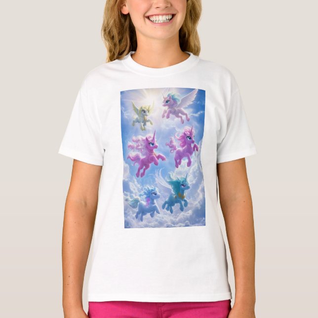 Sechs Einhorn fliegen am Himmel T-Shirt (Vorderseite)