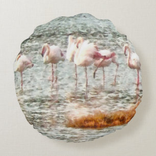Sechs Flamingos mit einer Wasserfarbe Rundes Kissen