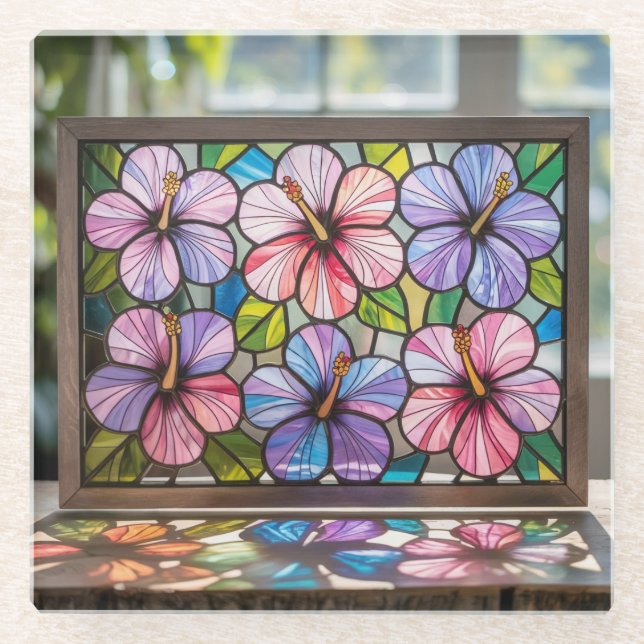 Sechs Hibiskus Blume Festverglaster Untersetzer (Vorderseite)