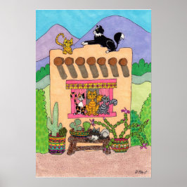 Sechs Katzen in einem orangen Adobe House Poster