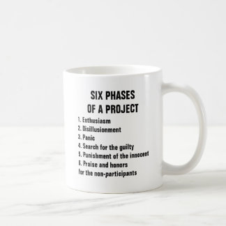 Sechs Phasen einer Projekt 1. Begeisterung Kaffeetasse