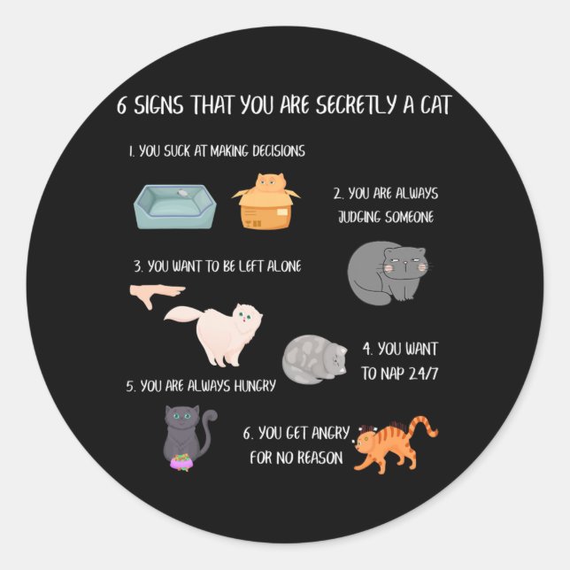 Sechs Zeichen, dass Sie heimlich ein Cat Funny Fun Runder Aufkleber (Vorderseite)