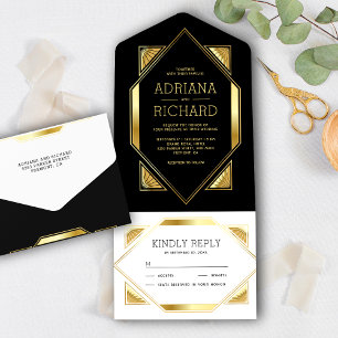 Sechseckrahmen Schwarz und Goldfolie Art Deco Hoch All In One Einladung