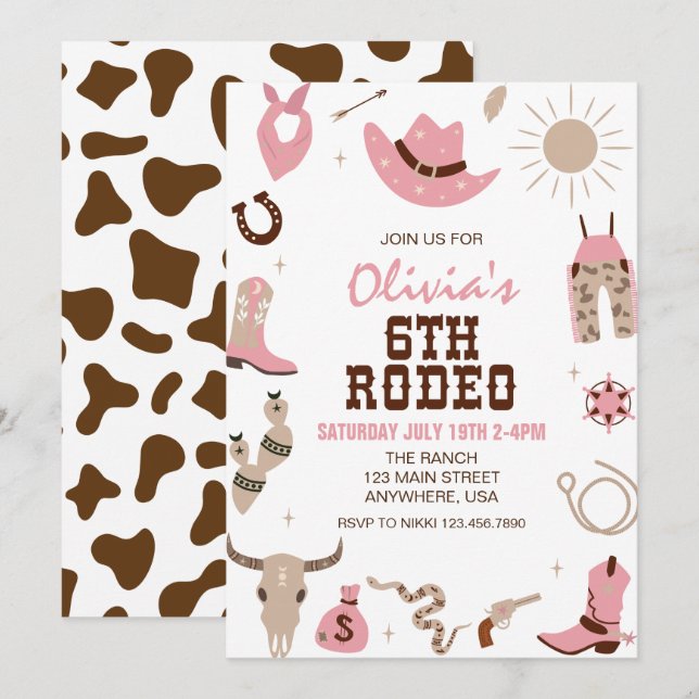 Sechster Rodeo Rosa Western 6. Geburtstag Einladung (Vorne/Hinten)