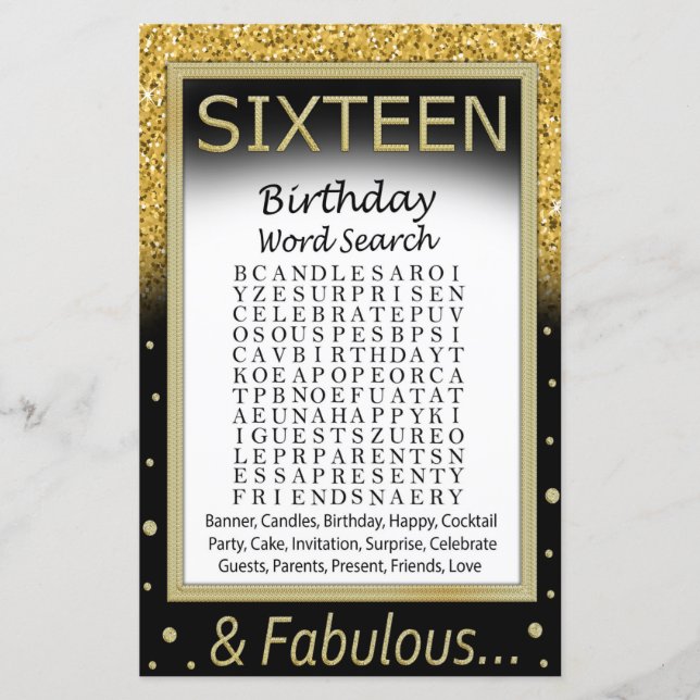 Sechzehn Geburtstage Word Search Game (Vorderseite)