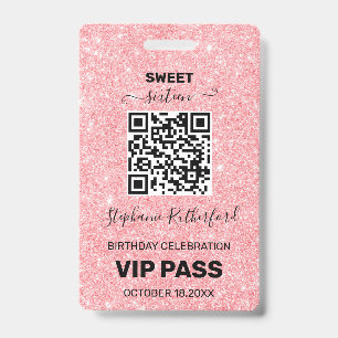 Sechzehn Geburtstagsparty VIP PASS Rosa Glitter Ausweis