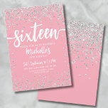 Sechzehn rosa Glitzer Eleganter Chic Sweet 16 Einladung<br><div class="desc">Eine lebendige und stilvolle 16 . Geburtstag-Geburtstagsfeier, die perfekt zum Feiern mit 16-jähriger Tradition geeignet ist. Dieses fröhliche Design bietet eine Mischung aus rosa und silberfarbenen Glitzer Konfetti, die eine lebendige und mädchenhafte Atmosphäre in die Einladung bringt. "16 . Geburtstag" wird oben schön in fett geschriebenen Schriftzeichen dargestellt und stellt...</div>