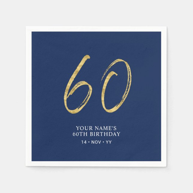 sechzig | Gold & Navy Blue Lettering 60. Geburtsta Serviette (Vorderseite)
