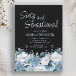 Sechzig sensationelle dunkelblaue, blaue, bläserne einladung<br><div class="desc">Fun staubige blau-weiße Blüte auf schwarz "Sechzig und sensationell" 60. Geburtstagsfeier Einladung. Kontaktieren Sie mich, um Hilfe bei der Anpassung zu erhalten oder um die Abstimmung oder Koordination von Zazzle-Produkten anzufordern.</div>