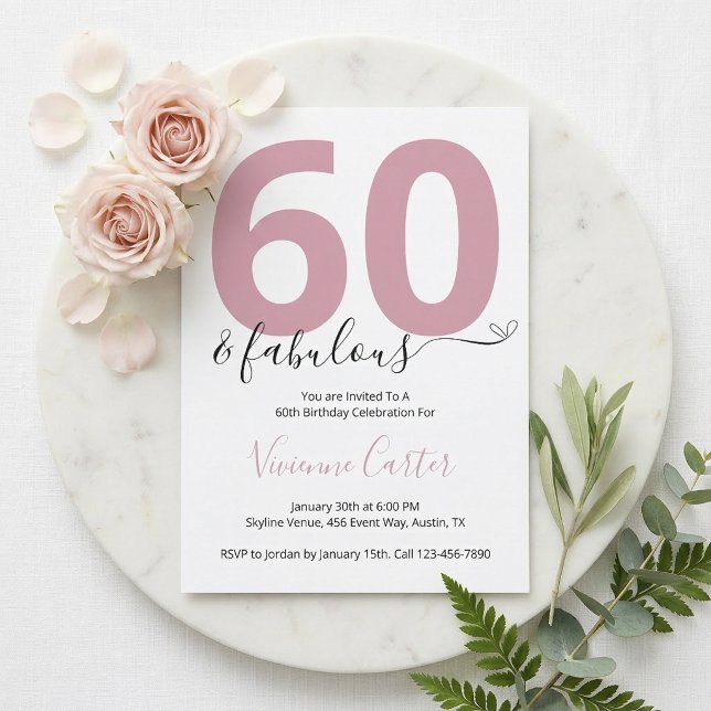 Sechzig und Fantastisch Skript Rosa 60. Geburtstag Einladung (Sixty and Fabulous Script Pink 60th Birthday Party Invitation)