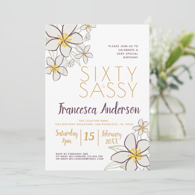 Sechzig und szig Moderne Lila Gold Jasmine Floral Einladung (Stehend Vorderseite)
