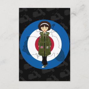 Sechzigeres Mod Girl in Parka mit Scooter-RSVP-Kar RSVP Karte