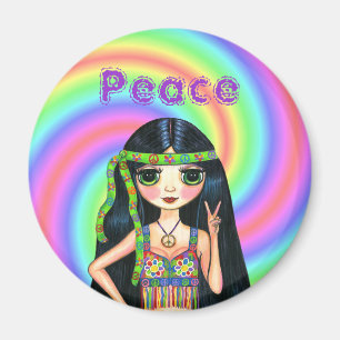 Sechzigerjahre Friedenszeichenhippie-Mädchen mit Magnet
