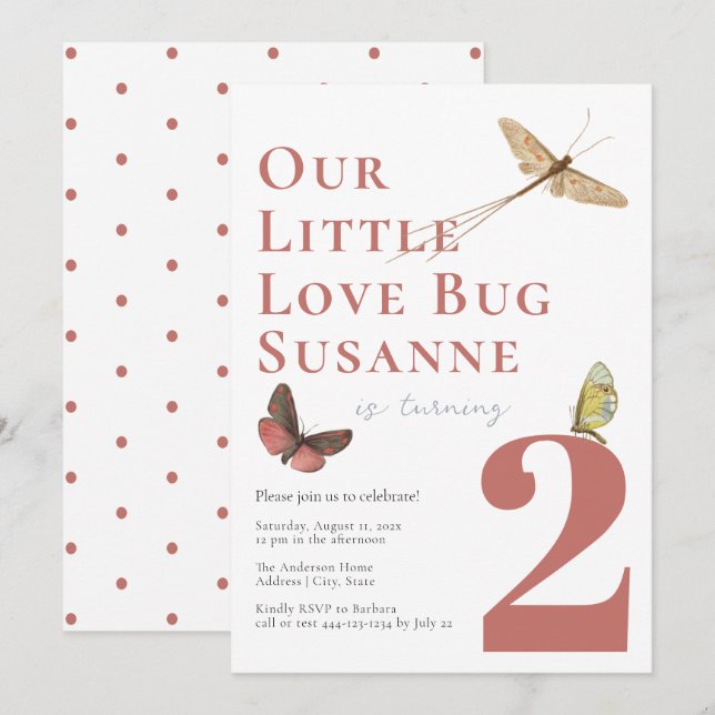Second Anniversaire Amour Bug Baby Girl Invitation (Devant / Derrière)
