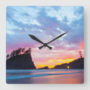 Second Beach bei Sonnenuntergang, Washington Quadratische Wanduhr
