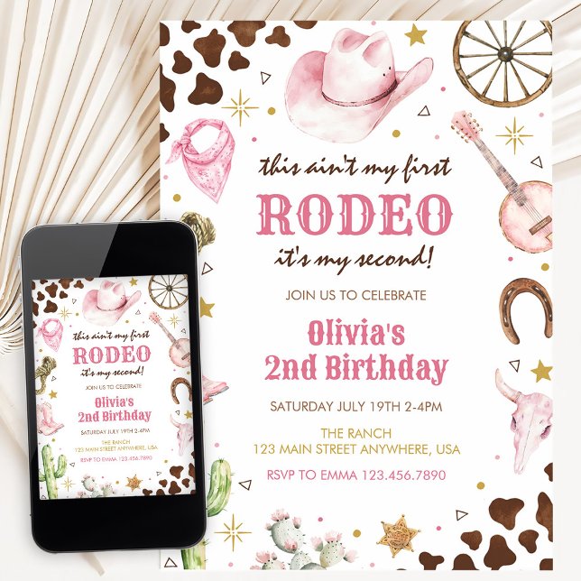 Second Rodeo Western Pink Cowgirl 2nd Birthday Einladung (Von Creator hochgeladen)