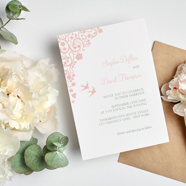 Secret Garden Blush Pink Floral Lovebirds Hochzeit Einladung (Von Creator hochgeladen)