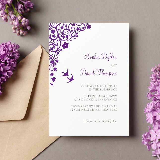 Secret Garden Lila Blumen Lovebirds Hochzeit Einladung (Von Creator hochgeladen)