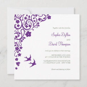 Secret Garden Lila Blumen Lovebirds Hochzeit Einladung