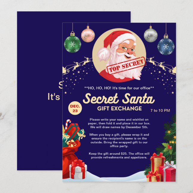 Secret Santa Gift Exchange Office Zuhause Blue Par Einladung (Vorne/Hinten)