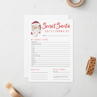 Secret Santa Questionnaire Gift Exchange Party Mitteilungskarte