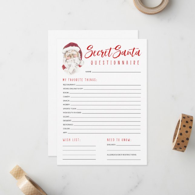 Secret Santa Questionnaire Gift Exchange Party Mitteilungskarte (Vorderseite/Rückseite Beispiel)
