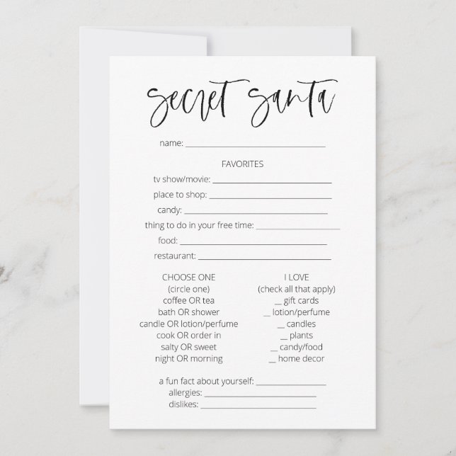 Secret Santa Questionnaire Weihnachtsspiele Spaß Einladung (Vorderseite)