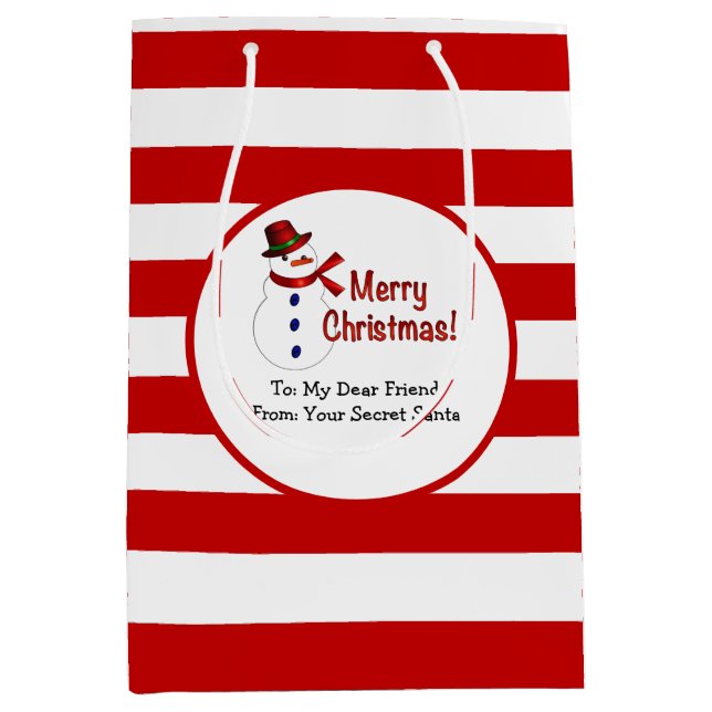 Secret Santa Red Stripes Frohe Weihnachtsschneeman Mittlere Geschenktüte (Vorderseite)
