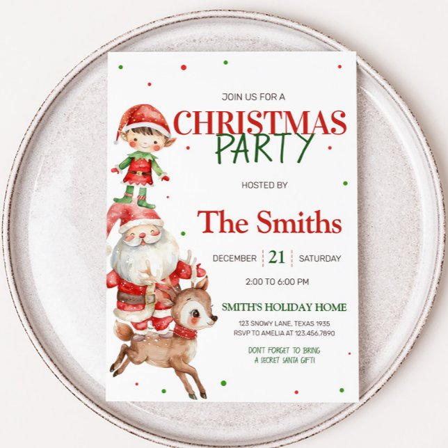 Secret Santa Reindeer Elf Kinder Weihnachts-Party Einladung (Santa Reindeer Elf Kids Christmas Party Invitation)