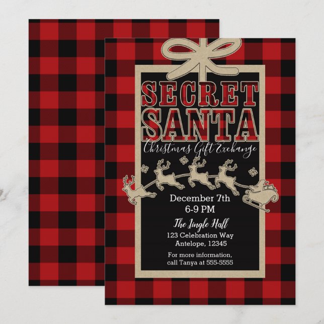 Secret Santa Rustic Holiday Red Kariert & Kraft Einladung (Vorne/Hinten)