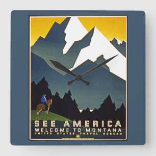 See America - Welcome to Montana Quadratische Wanduhr
