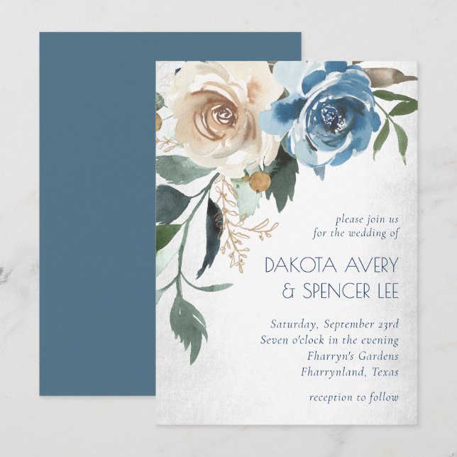 See Floral | Dusty Blue Denim Cream Wedding Einladung (Vorne/Hinten)