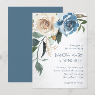 See Floral Dusty Blue Denim Cream Wedding Einladung