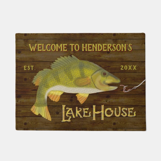 See-Haus-Seebass-Fisch-rustikales hölzernes Korn Fußmatte (Vorderseite)