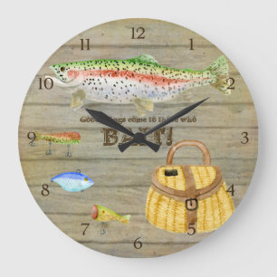 See-Kabinen-Forelle-Fischen-Weidenkorb lockt Große Wanduhr