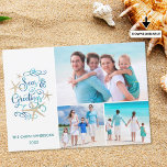 SEE UND GREETINGS Küste Weihnachtsfoto Collage Feiertagskarte<br><div class="desc">Spaß Weihnachten an der Küste grüßen SEAS UND GREETINGS in einem eleganten Skript Typografie-Design in aqua türkisfarben Aquarell mit Sternenakzenten und drei Fotos. FOTO TIPP: Wählen Sie für schnellste/beste Ergebnisse Fotos mit dem Thema in der Mitte und/oder vor der Ernte in einer ähnlichen Form wie vor dem Hochladen gezeigt. Kontaktieren...</div>