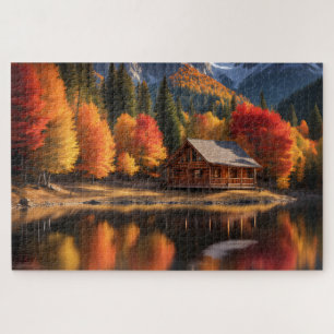 See und Hütte mit Herbstbäumen